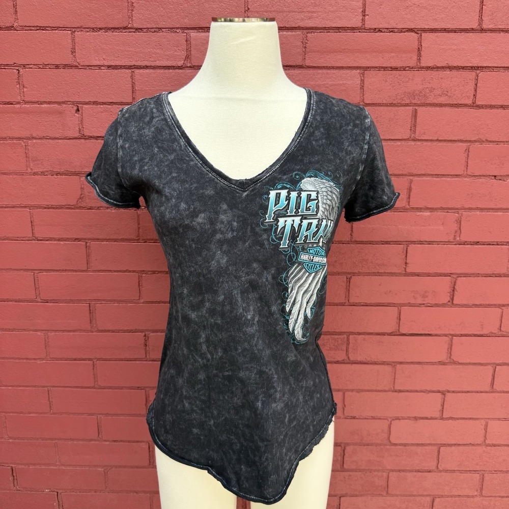 Harley Davidson Pig Trail Shirt Womens Small Wings Bling Skull Rogers‎ Arkansas